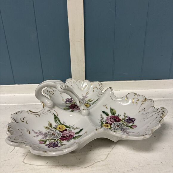 Beckwith Porcelain Leaf Shaped 11” Candy Dish Purple Mauve Floral Gold Trim - Picture 9 of 9